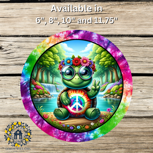 Peace Turtle Tie Dye Border Metal Sign