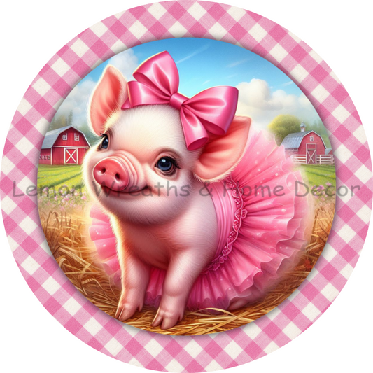 Pink Check Pig Wearing Tutu Metal Sign