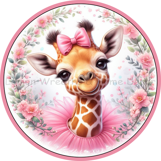 Pink Floral Giraffe With Tutu Metal Sign