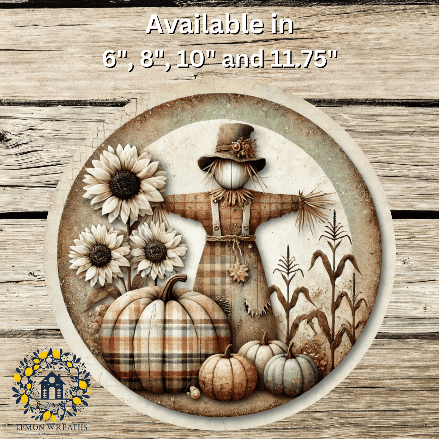 Plaid Harvest Scarecrow with Sunflowers and Pumpkins Metal Sign