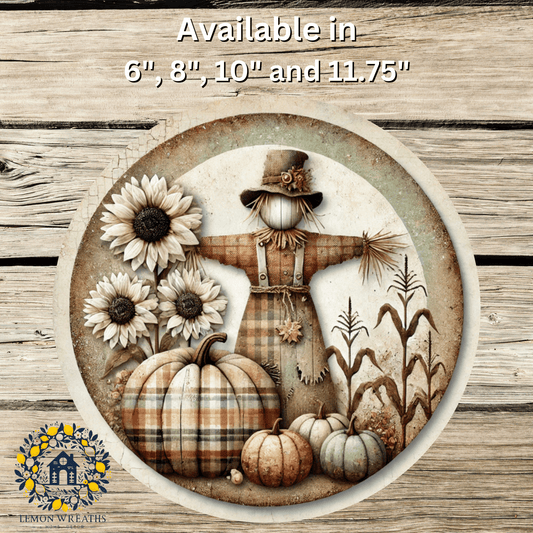 Plaid Harvest Scarecrow with Sunflowers and Pumpkins Metal Sign