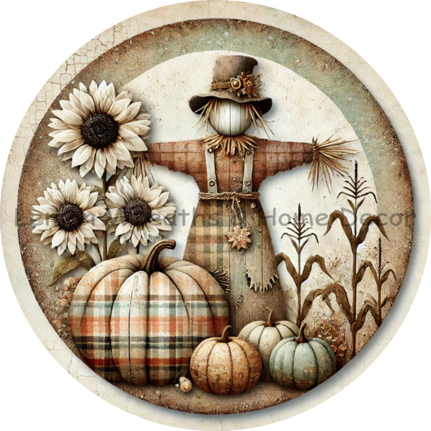 Plaid Harvest Scarecrow with Sunflowers and Pumpkins Metal Sign