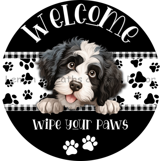 Dog Peeking Portugese Water Dog Welcome Wipe Your Paws Metal Sign