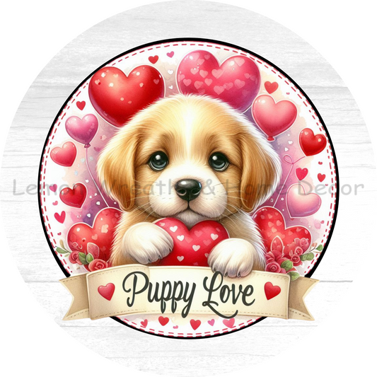 Puppy Love Heart Balloons Metal Sign