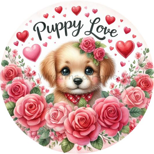 Puppy Love Roses and Hearts Metal Sign