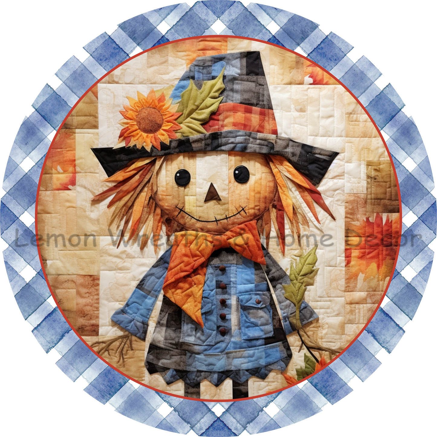 Welcome Quilted Scarecrow Blue Dress Metal Sign