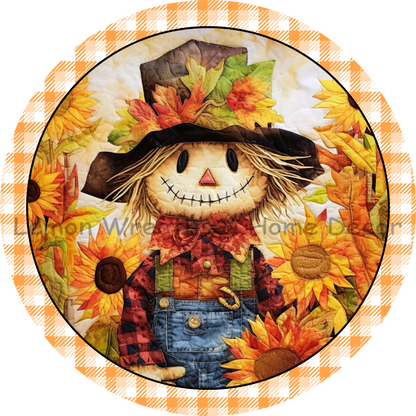 Hello Fall Quilted Scarecrow Blue Overalls Metal Sign