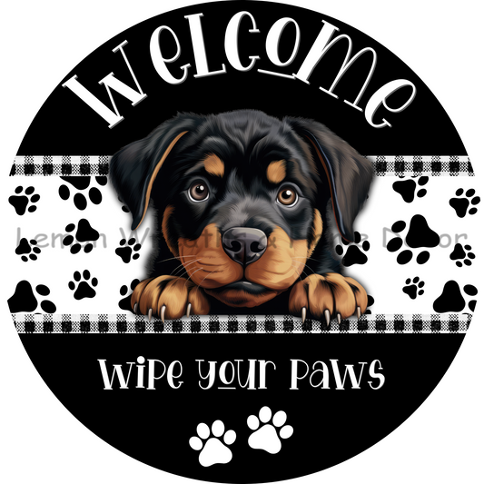 Dog Peeking Rottweiler Welcome Wipe Your Paws Metal Sign