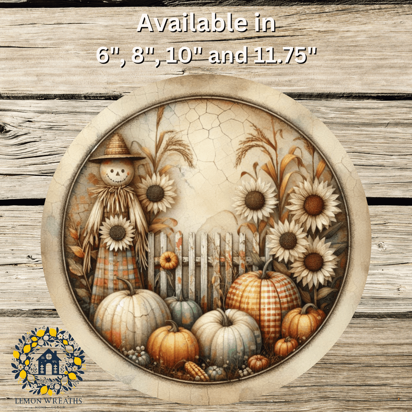 Rustic Patchwork Pumpkins and Scarecrow Fall Metal Sign