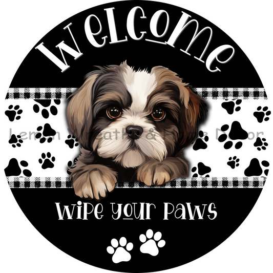 Dog Peeking Shih Tzu Welcome Wipe Your Paws Metal Sign