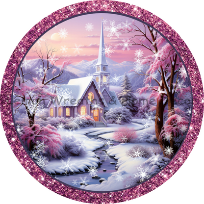 Winter Blessings Snow Church Pink Glitter Metal Sign