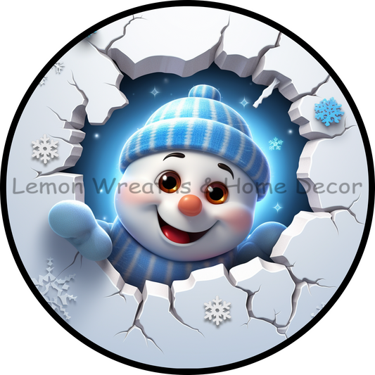 Snowman Breaking Thru Ice Blue Stripe Hat Metal Sign