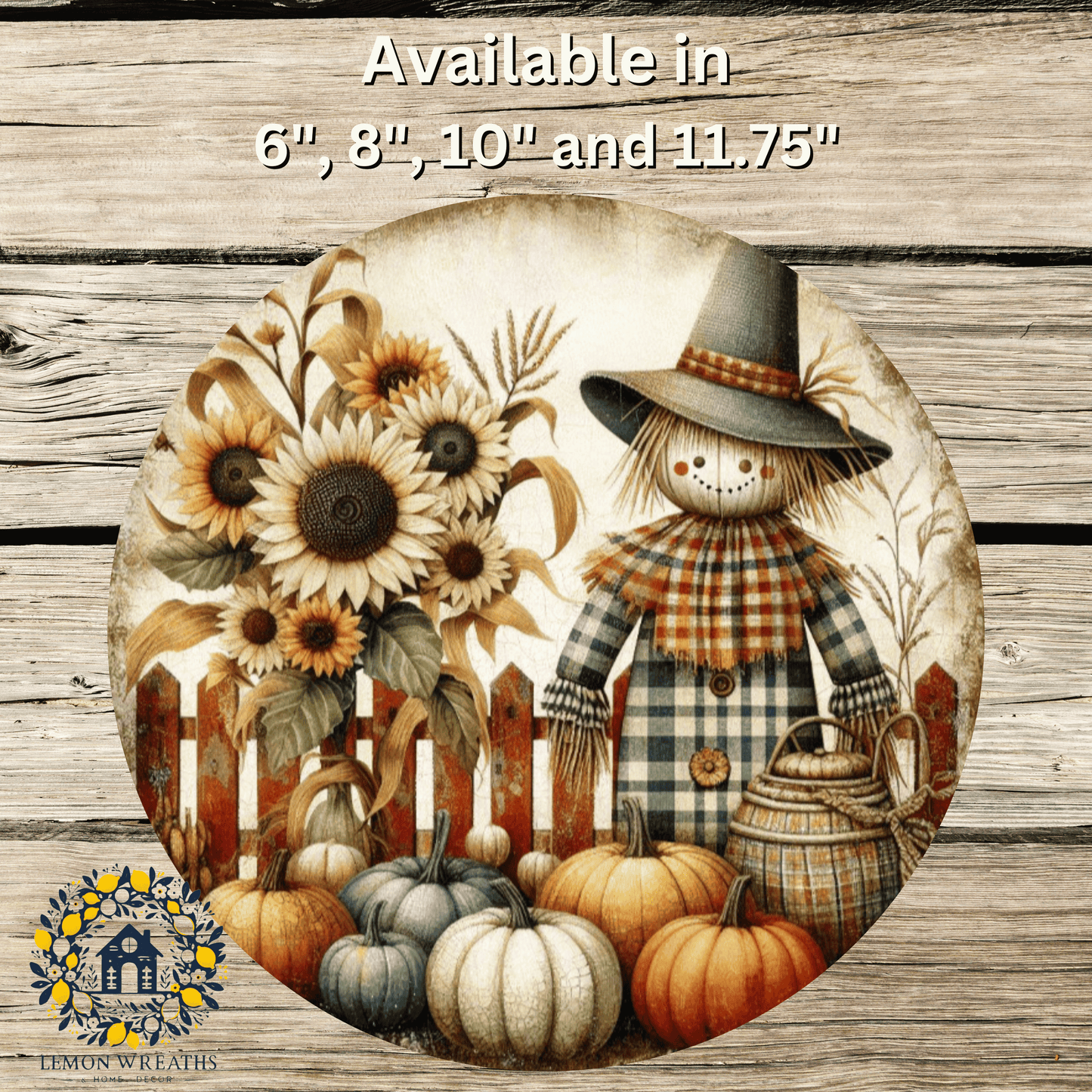 Sunflower Harvest Scarecrow with Plaid Pumpkins Metal Sign