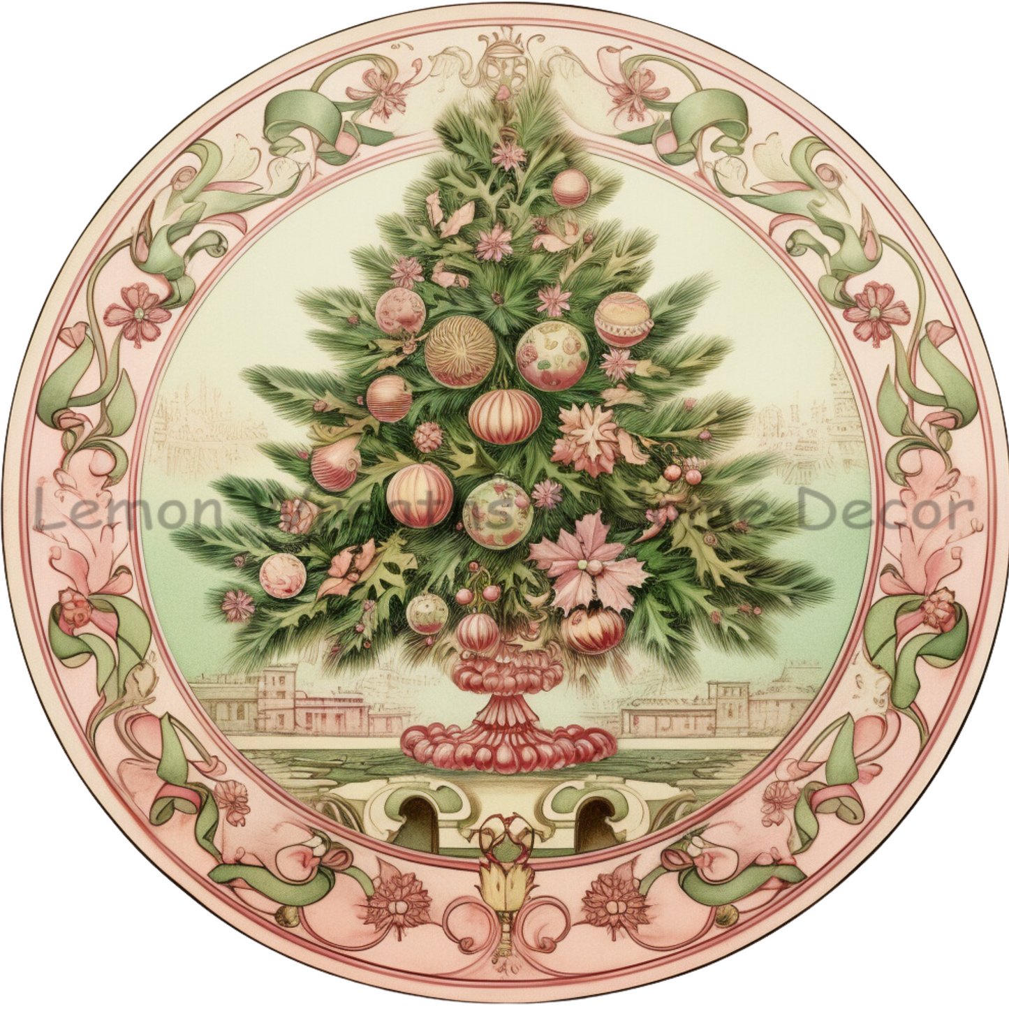 Victorian Christmas Tree Pink Metal Sign