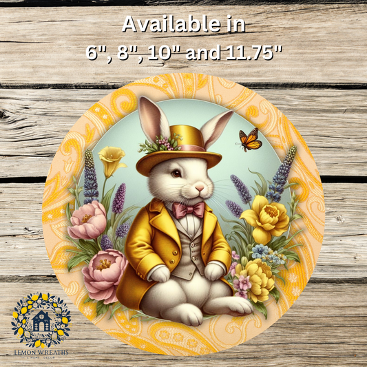 Victorian Rabbit Sitting w/Top Hat Yellow Paisley Metal Sign