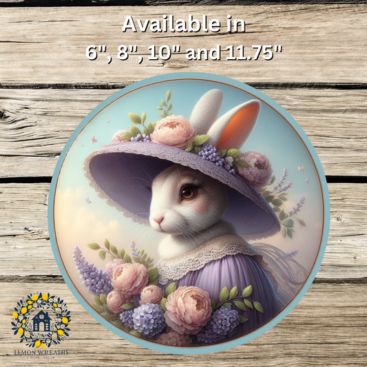 Victorian Rabbit w/Purple Dress Pink Peonies Metal Sign