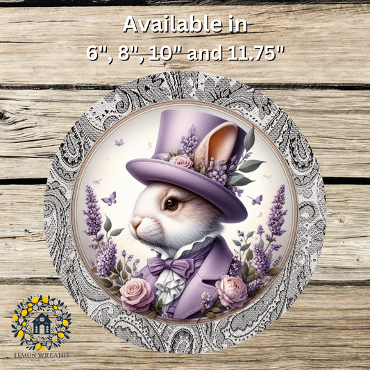 Victorian Rabbit w/Purple Suit Black Paisley Border Metal Sign