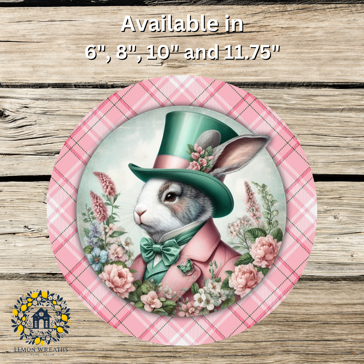 Victorian Rabbit w/Top Hat Green Pink Plaid Border Metal Sign