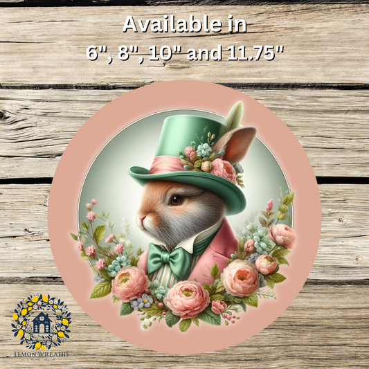 Victorian Rabbit w/Top Hat Mint Green Peach Metal Sign
