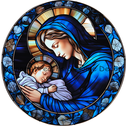 Virgin Mary and Child Blue Metal Sign