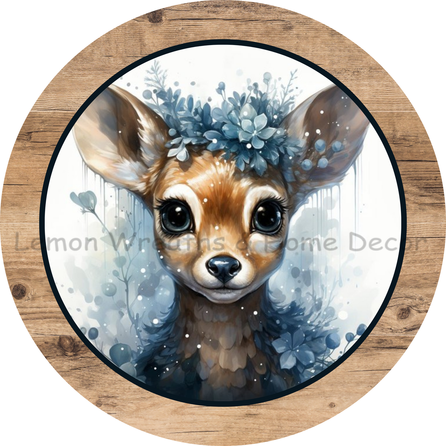 Watercolor Fawn Blue Floral Metal Sign