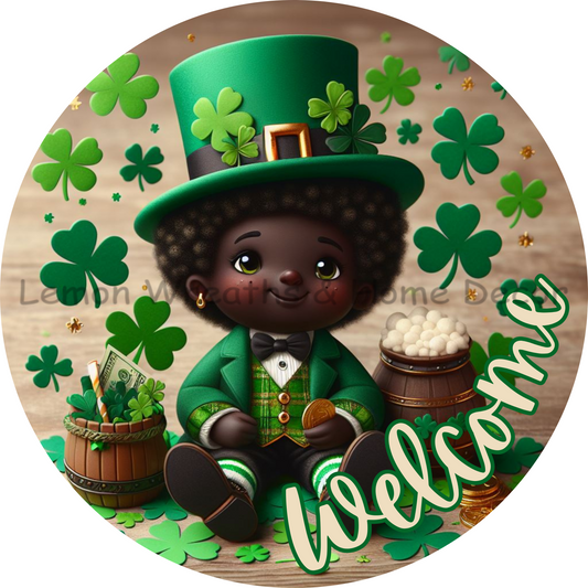 Welcome African American Leprechaun Boy Metal Sign