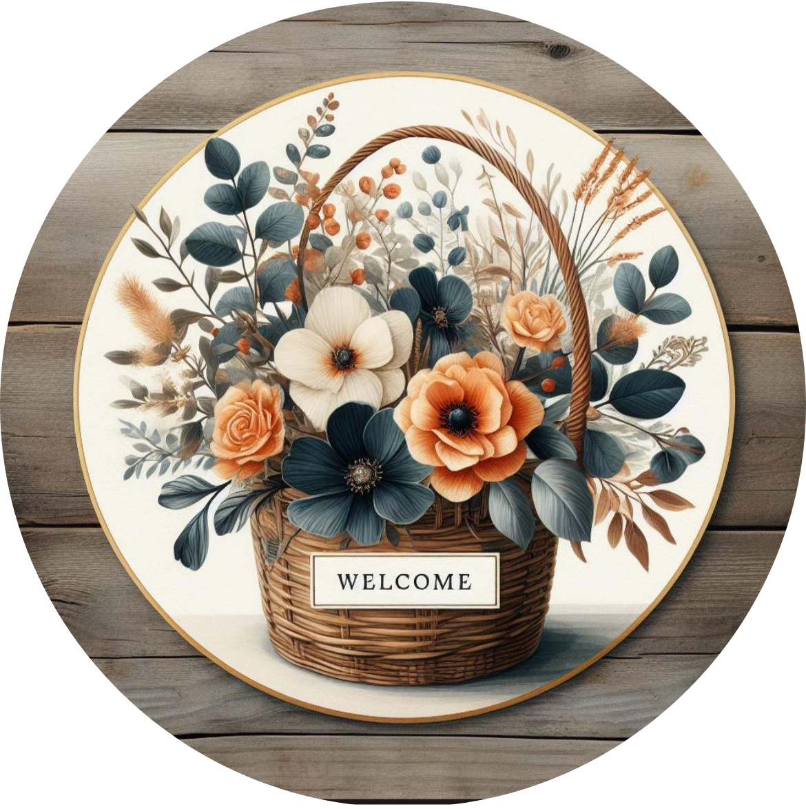 Welcome Basket Navy Blue/Coral/Cream Florals Metal Sign