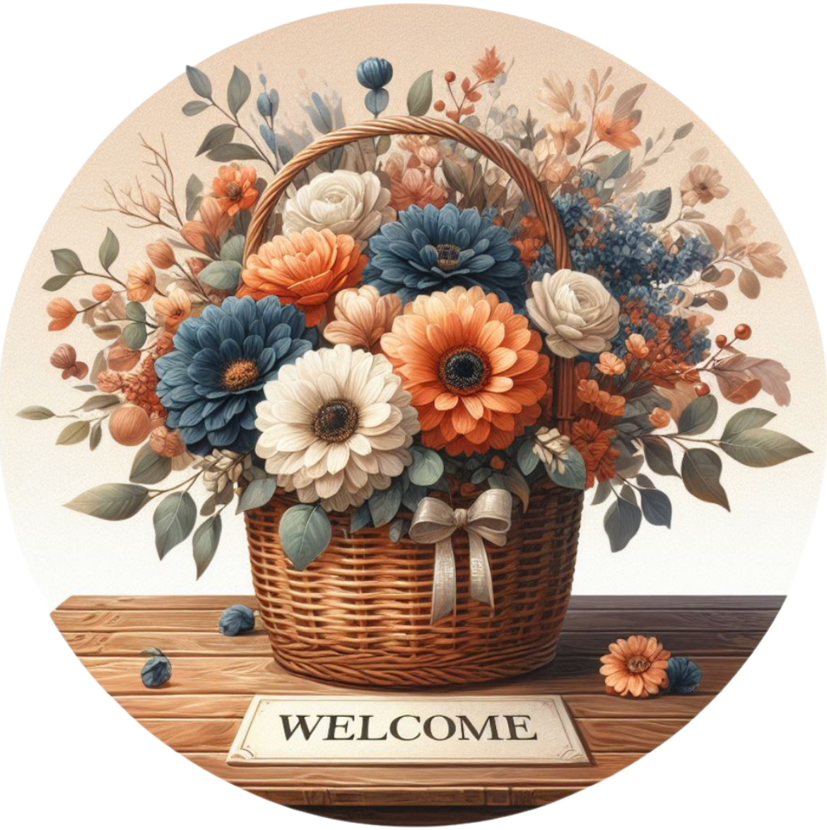 Welcome Basket of Florals Navy Blue/Coral/Cream Metal Sign