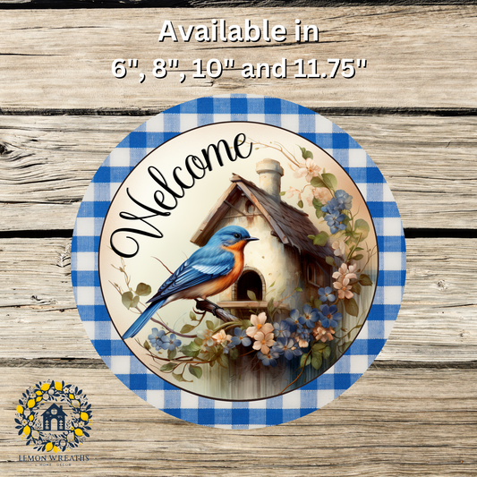 Welcome Bluebird Perched on Birdhouse Metal Sign