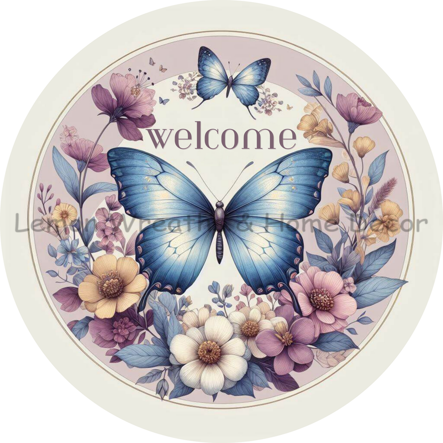 Welcome Butterflies and Magnolias Ivory Border Metal Sign