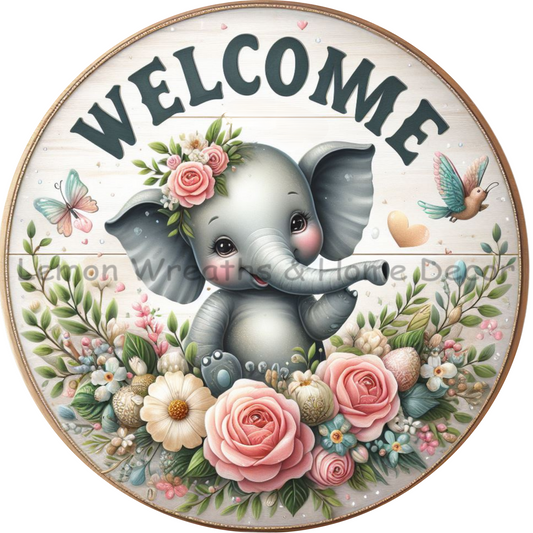 Welcome Elephant Florals Metal Sign