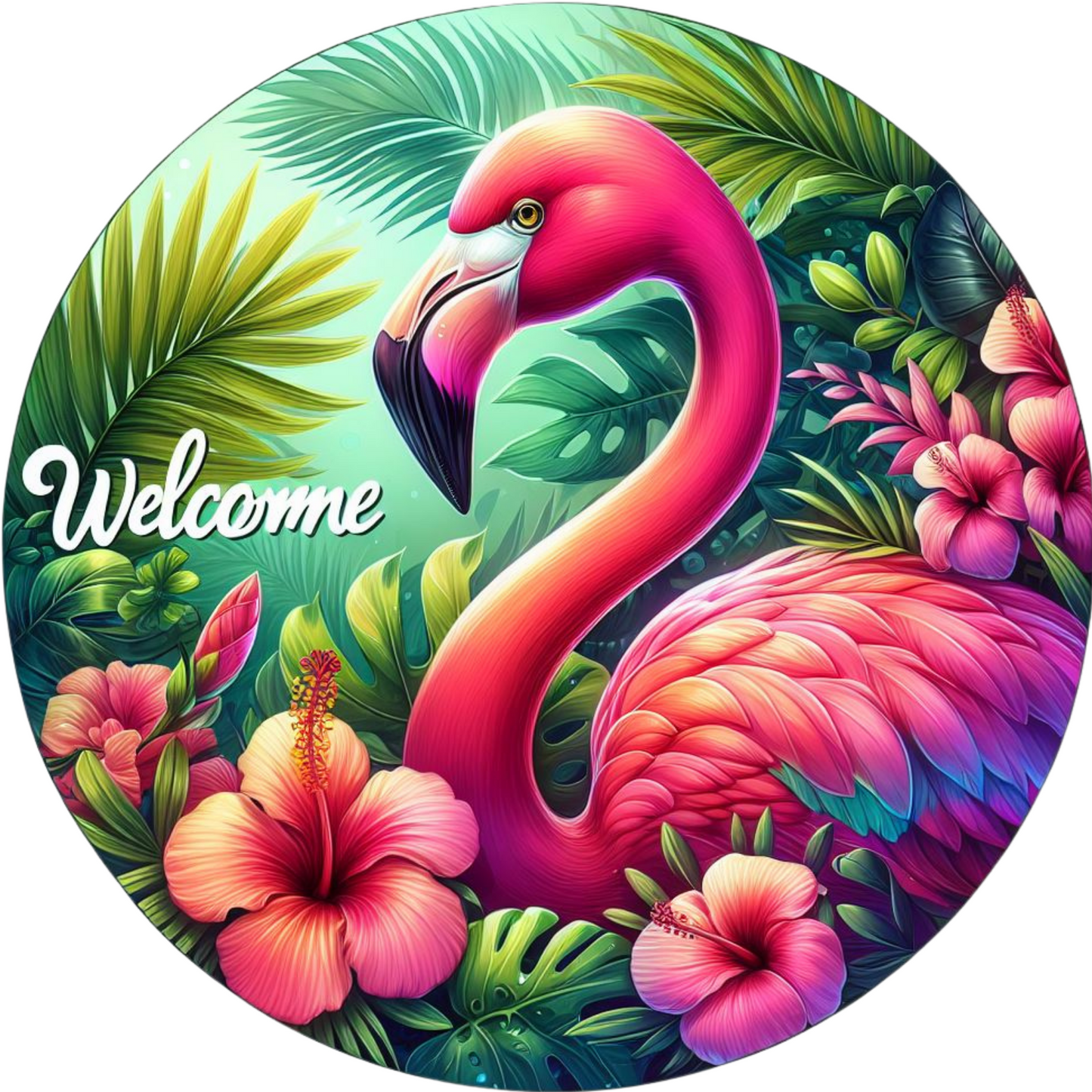 Welcome Flamingo Tropical Metal Sign