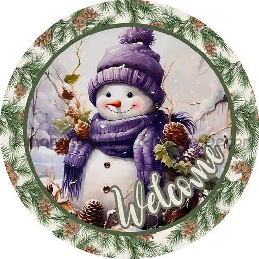 Welcome Purple Snowman Pinecone Border Metal Sign