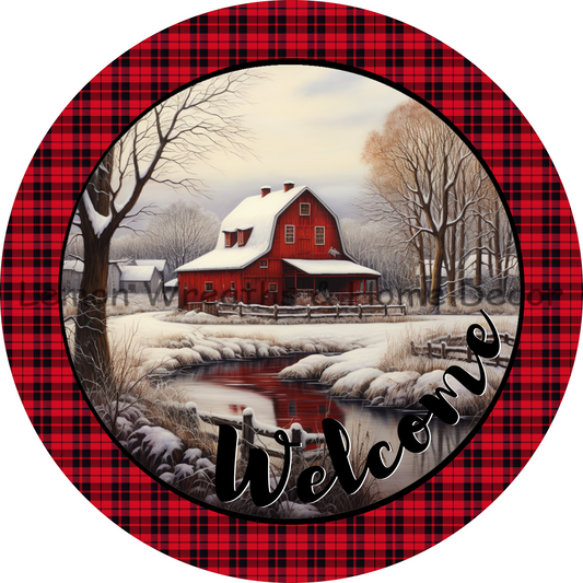 Welcome Red Barn Winter Scene Metal Sign