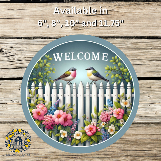 Welcome Spring Birds on White Picket Fence Metal Sign