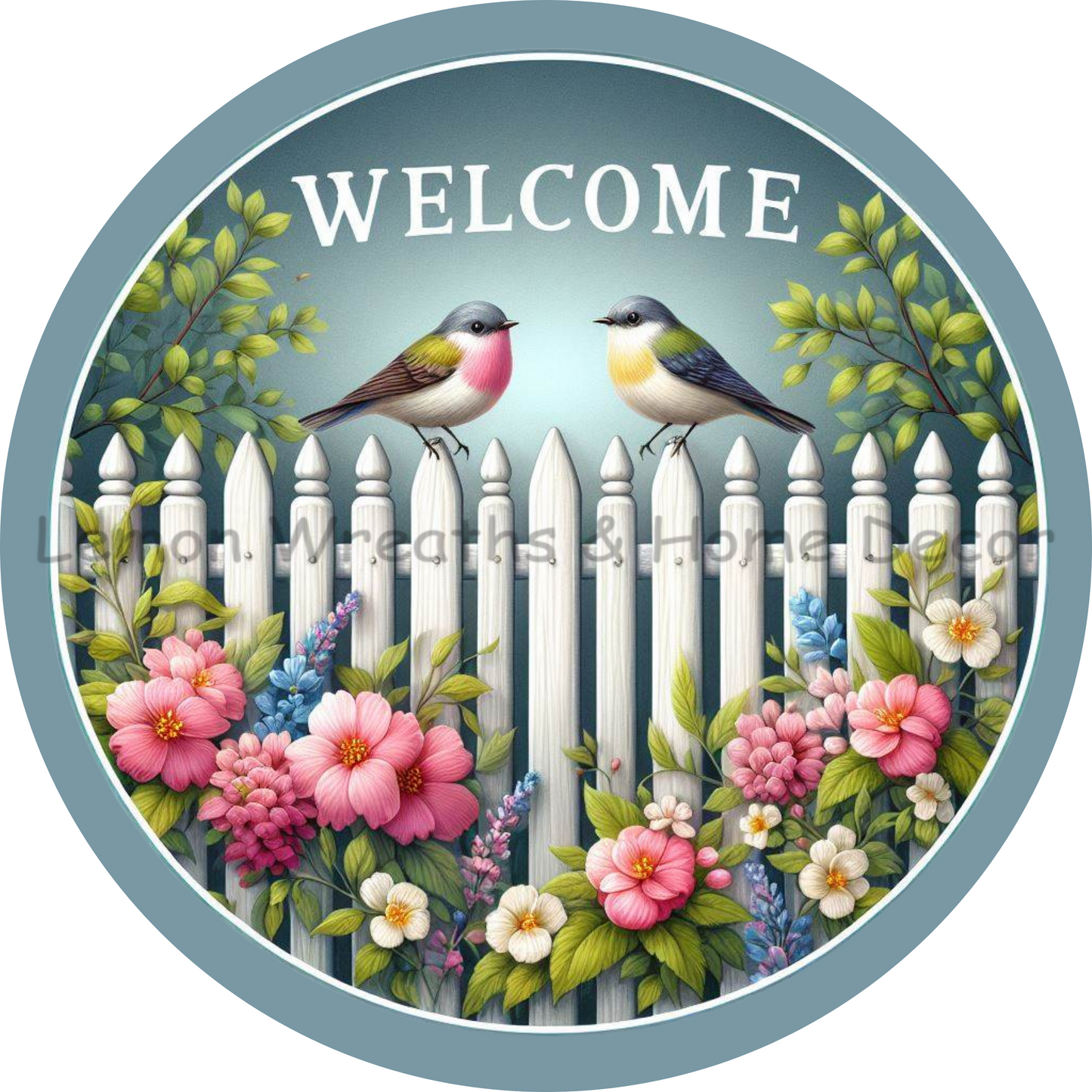 Welcome Spring Birds on White Picket Fence Metal Sign
