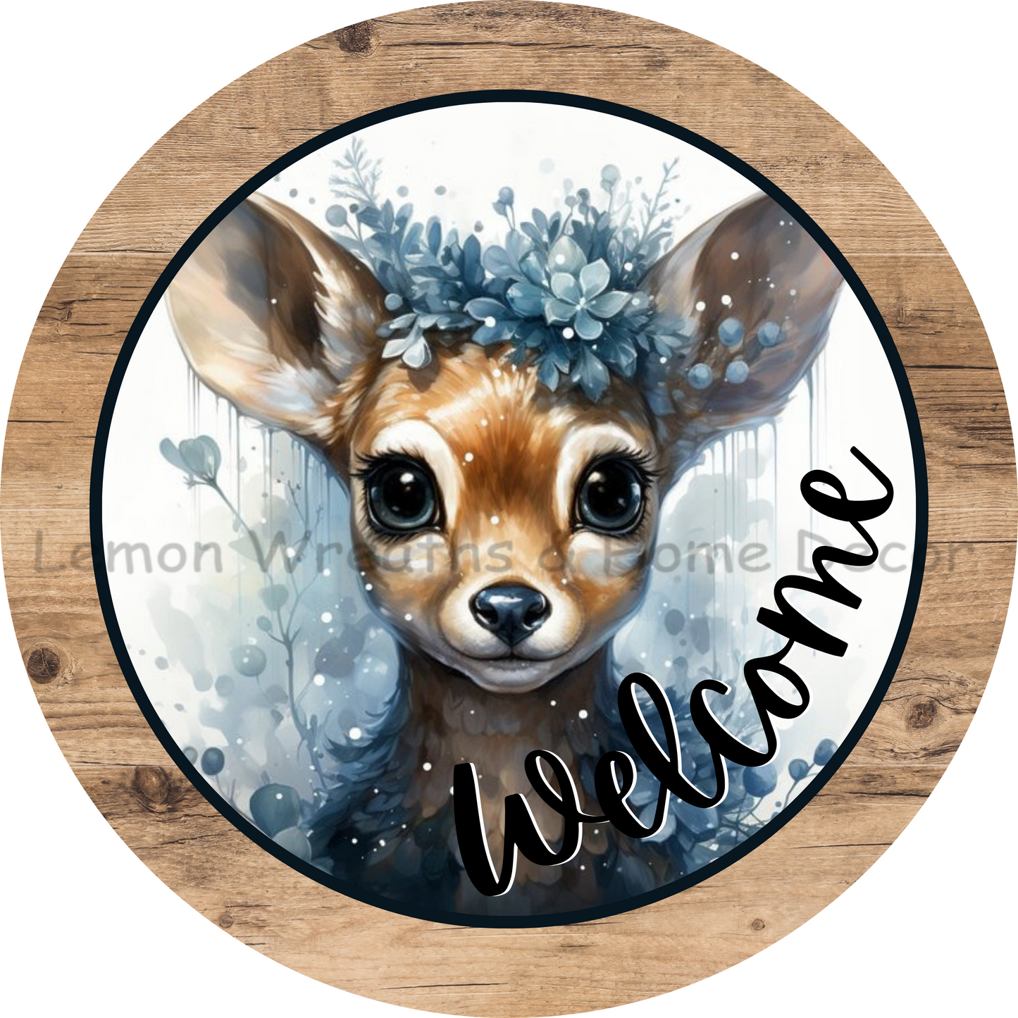 Welcome Watercolor Fawn Blue Floral Metal Sign
