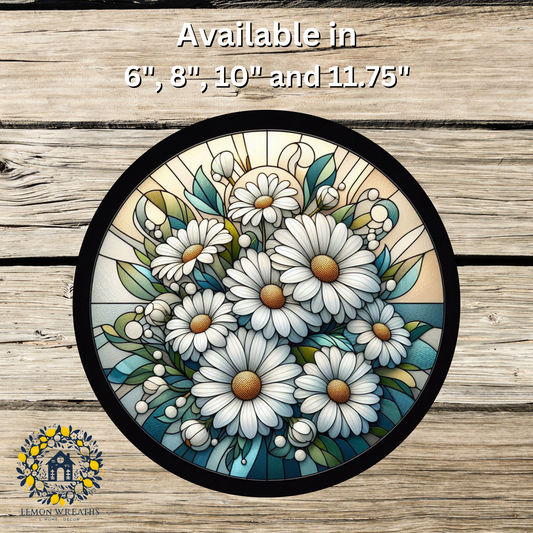 White Daisies Faux Stained Glass Metal Sign