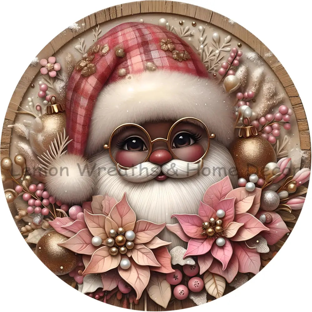 African American Santa Pink Poinsettias Metal Sign