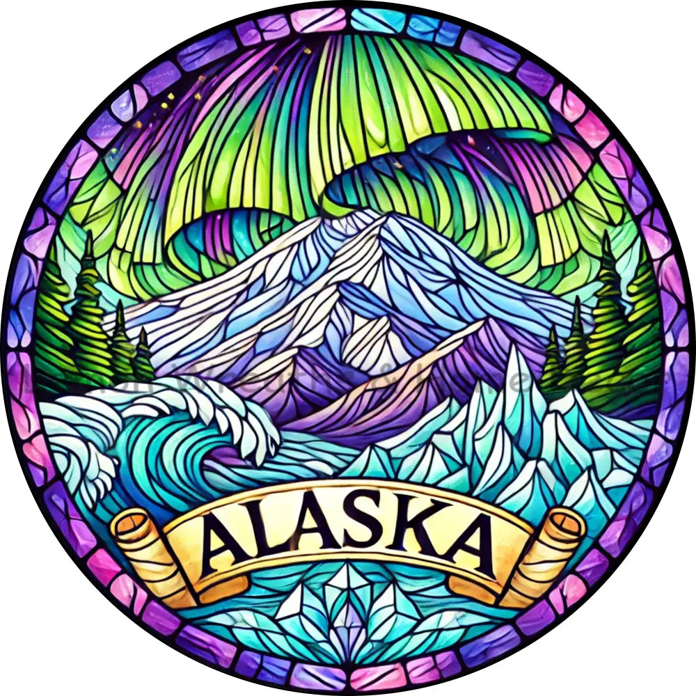 Alaska Faux Stained Glass Metal Sign