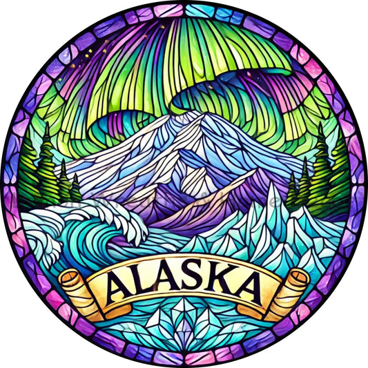 Alaska Faux Stained Glass Metal Sign