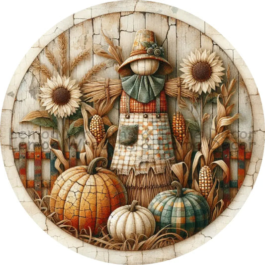 Autumn Harvest Scarecrow With Patchwork Pumpkins Metal Sign