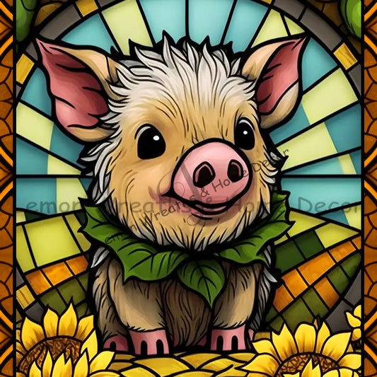 Baby Pig Sunflowers Faux Stained Glass Metal Sign 8