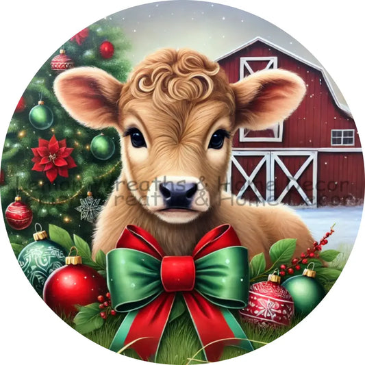 Barnyard Holiday Cheer Christmas Calf Metal Sign