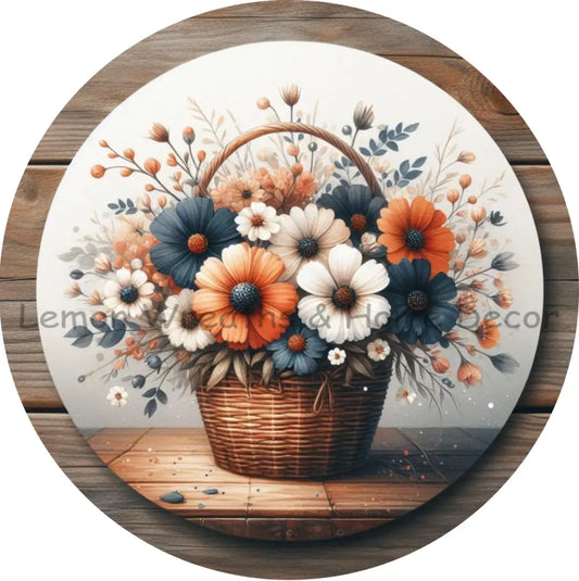 Basket Of Florals Navy Blue/Coral/Cream Metal Sign