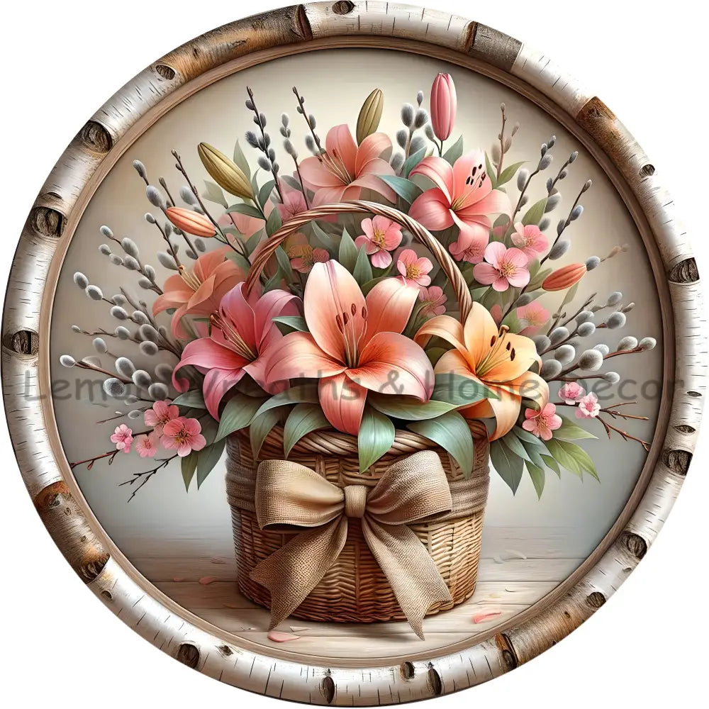 Basket of Lilies Birch Border Metal Sign