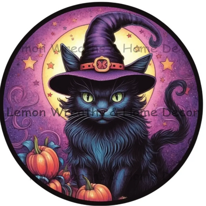 Black Cat With Purple Witch Hat Metal Sign 6 / No Text