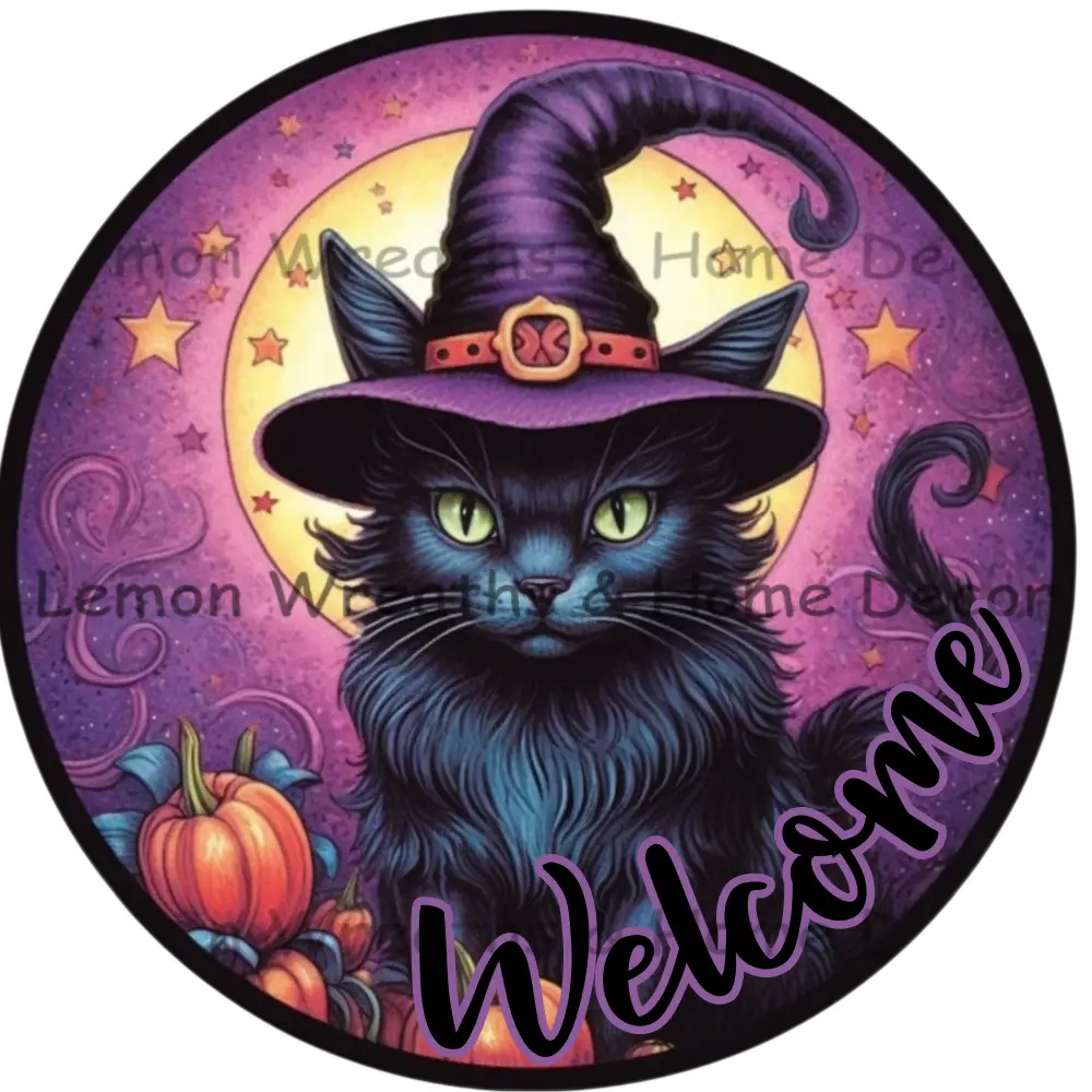 Black Cat With Purple Witch Hat Metal Sign 6 / Welcome