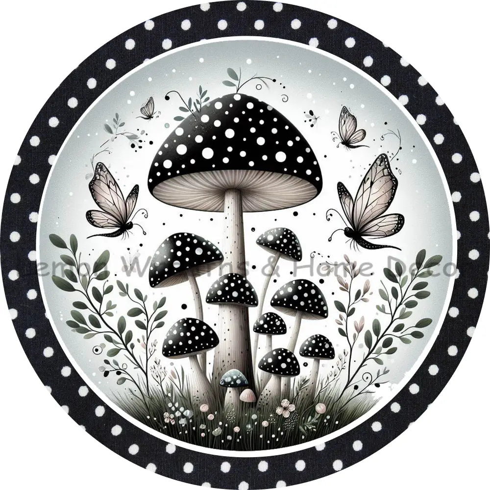 Black Polka Dot Monochrome Mushroom Garden Metal Sign