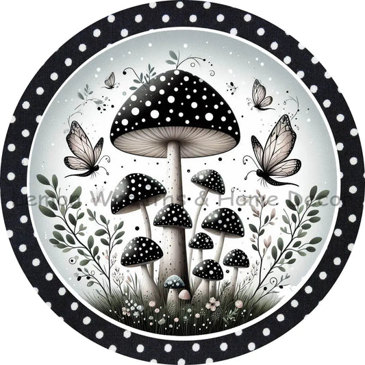 Black Polka Dot Monochrome Mushroom Garden Metal Sign